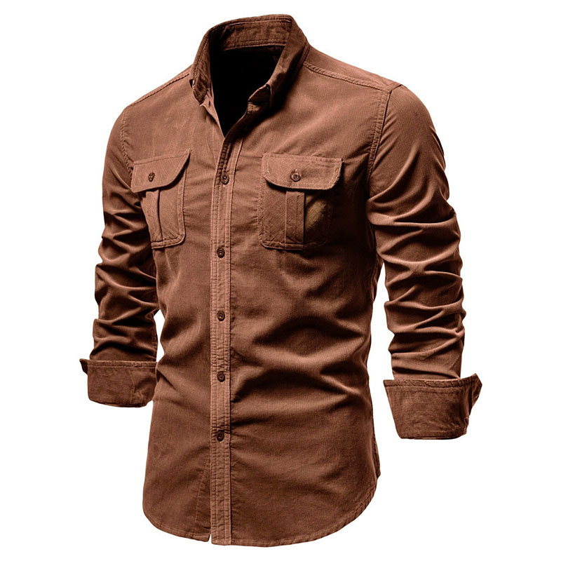 Corduroy Button Up Shirt Men - เสื้อแจ็คเก็ตเชิ้ตผ้าลูกฟูกผู้ชาย สไตล์ลำลอง ติดกระดุม แขนยาว มีกระเป๋าคู่ คอปกพับได้