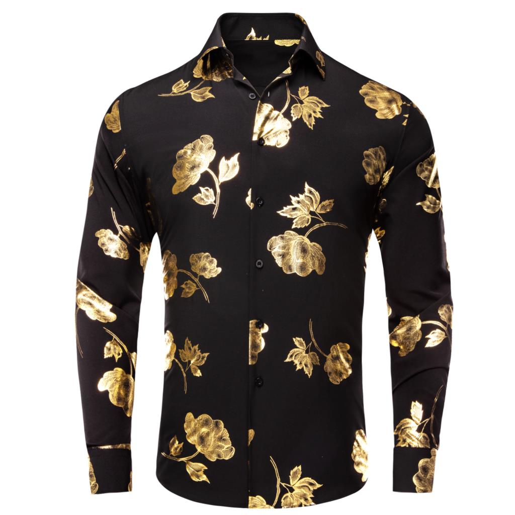 Mens Satin Silk Dress Shirt - เสื้อเชิ๊ตผู้ชายผ้าไหมสีดำทองเนคไทเสื้อเชิ้ตผู้ชายแขนยาวคอปกแขนยาวเสื้อฮาวายเสื้อนุ่มสำหรับงานแต่งงานธุรกิจไซส์ใหญ่พิเศษฤดูใบไม้ผลิฤดูร้อน