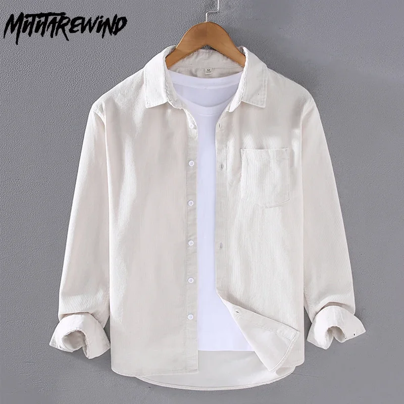 Corduroy Button Up Shirt Men - เสื้อเชิ้ตแขนยาวสีขาวผู้ชาย สไตล์ฮาราจูกุ วินเทจ ผ้าคอร์ดูรอย ผ้าฝ้าย 100%