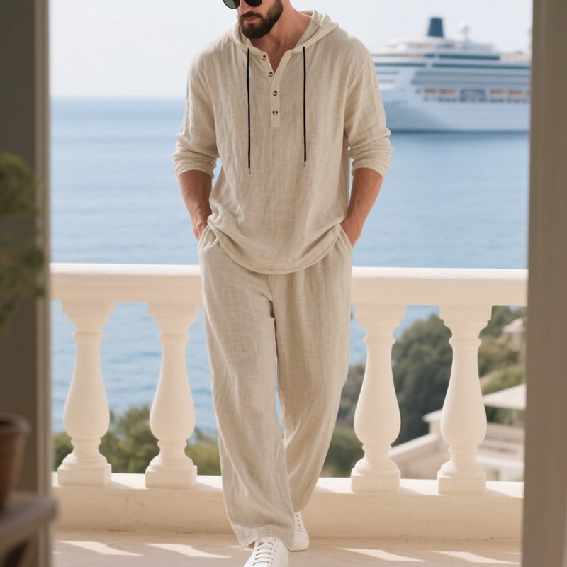 Mens Linen Shirt Long Sleeve - ชุดลำลองผู้ชายผ้าลินินสำหรับฤดูใบไม้ร่วงแบบสวมใส่สบาย เสื้อฮู้ดทรงเฮนรี่ แขนยาว พร้อมกางเกงขายาว