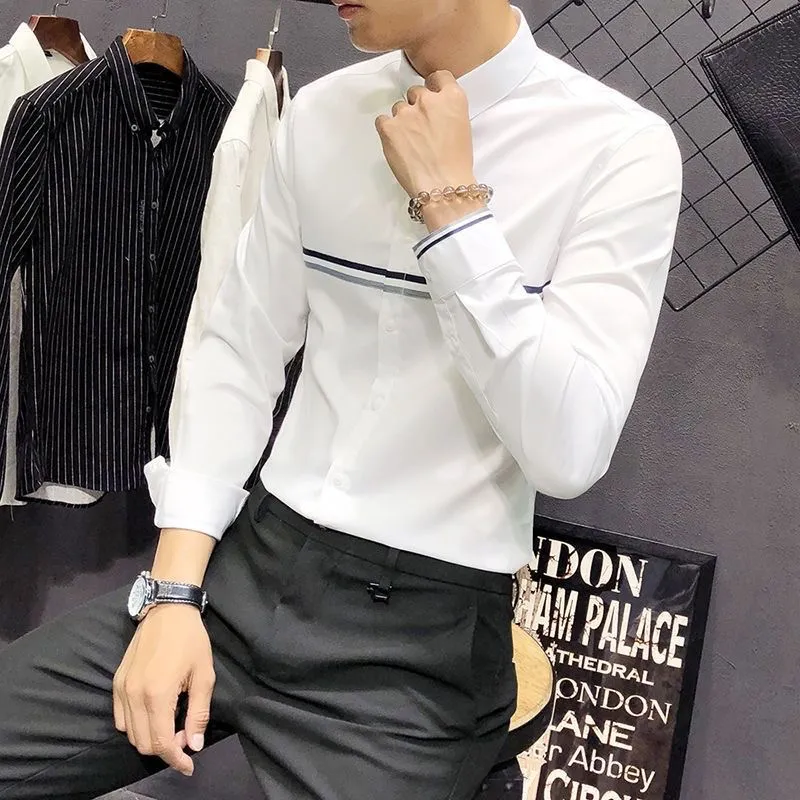 Mandarin Collar Formal Shirt Slim Fit - เสื้อเชิ้ตแขนยาวคอจีนผู้ชาย ลายทางตัดสี ทรงเข้ารูป สไตล์ลำลอง ธุรกิจ และเป็นทางการ