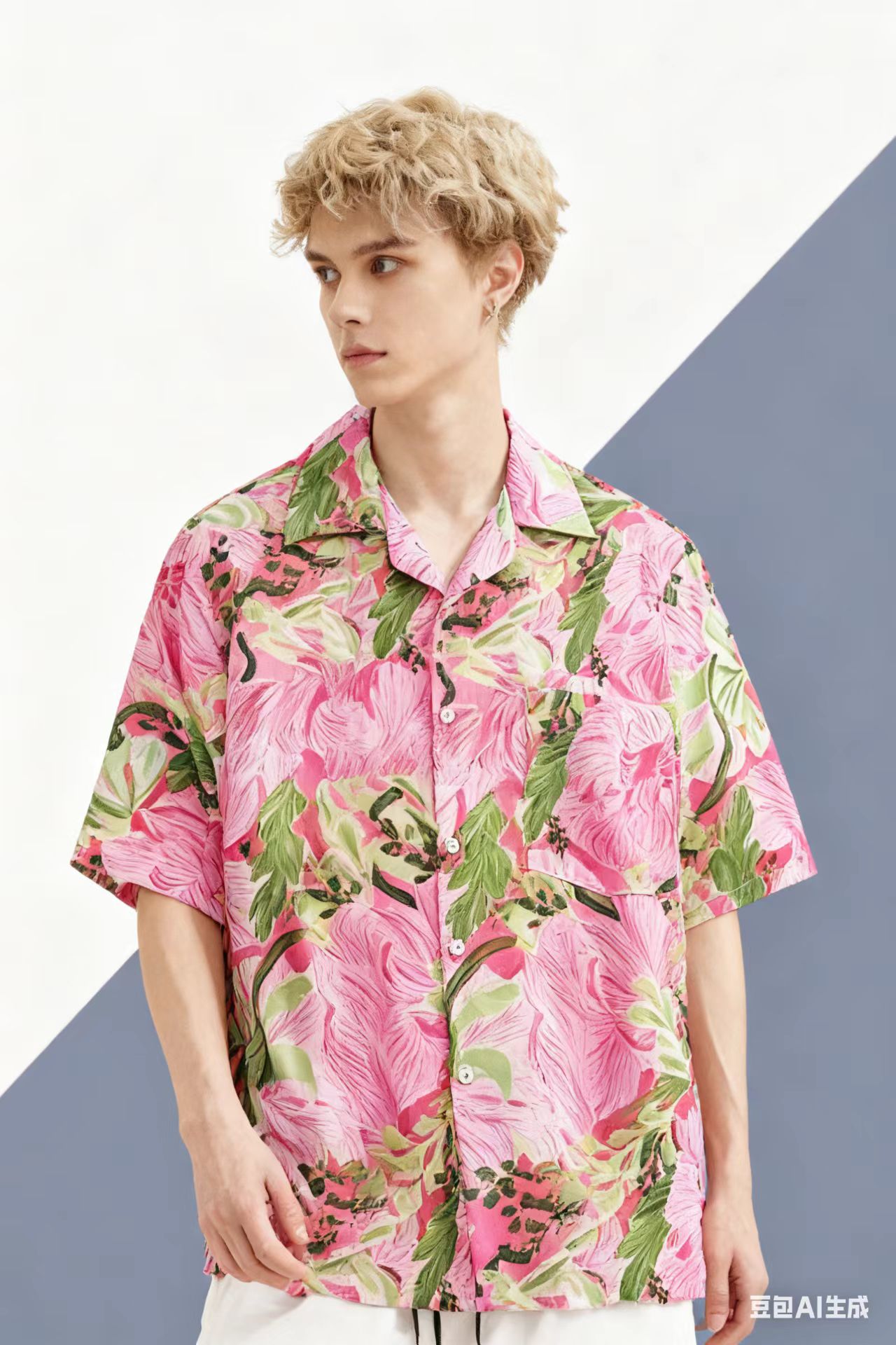 Vintage Hawaiian Floral Shirt - เสื้อเชิ้ตฮาวายลายกราฟฟิตี้ดอกไม้สีชมพูสไตล์วินเทจ คอปกคิวบา แขนสั้นติดกระดุม สำหรับผู้หญิงและผู้ชาย เหมาะสำหรับใส่ไปเที่ยวทะเลช่วงฤดูร้อน