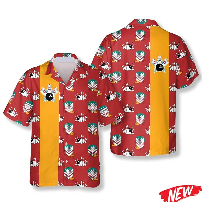 Short Sleeve Bowling Shirt Retro - เสื้อฮาวายลายโบว์ลิ่งคลาสสิกสำหรับผู้ชาย เสื้อเชิ้ตแขนสั้นพิมพ์ลาย 3 มิติ สไตล์เรโทร ใส่สบาย