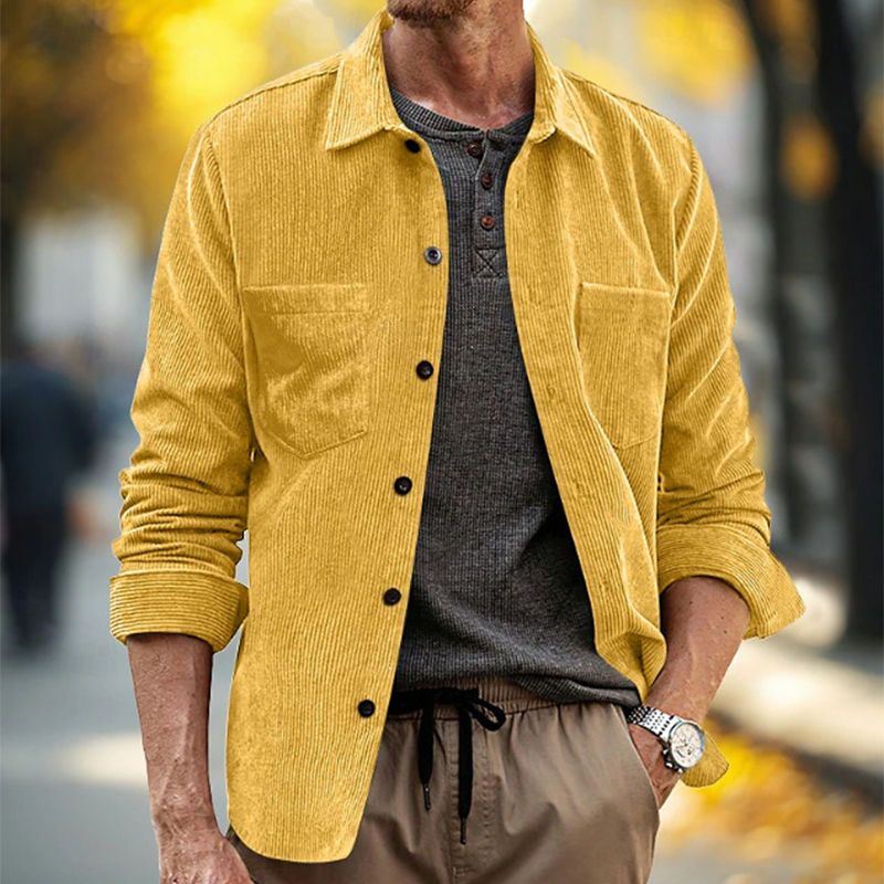 Corduroy Button Up Shirt Men - เสื้อเชิ้ตคอร์ดดูรอยสไตล์วินเทจสำหรับผู้ชาย สวมใส่สบายๆ ในชีวิตประจำวัน สีพื้น มีกระเป๋า ติดกระดุม