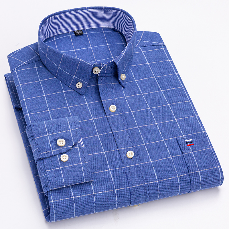 Oxford Cotton Casual Shirt Business - เสื้อเชิ้ตลายสก็อตลายทางผู้ชายผ้าอ๊อกซ์ฟอร์ดผ้าฝ้ายแท้100% เสื้อเข้าสังคมแขนยาวสำหรับผู้ชายเสื้อ7XL ธุรกิจมีกระดุมสำหรับผู้ชาย