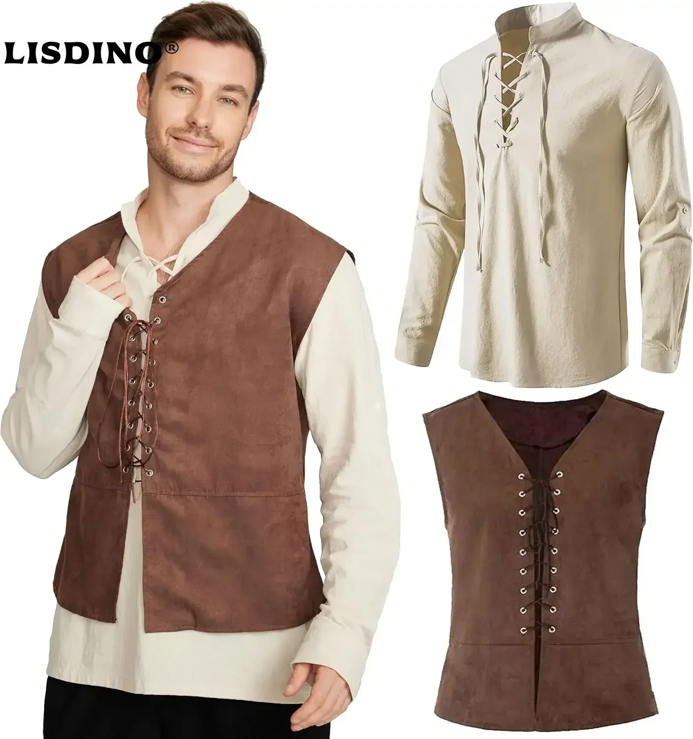 Medieval Gothic Lace Up Pirate Shirt - ชุด 2 ชิ้น เสื้อกั๊กโจรสลัดยุคกลางสำหรับผู้ชาย เสื้อแขนยาว ชุดยุคเรอเนซองส์