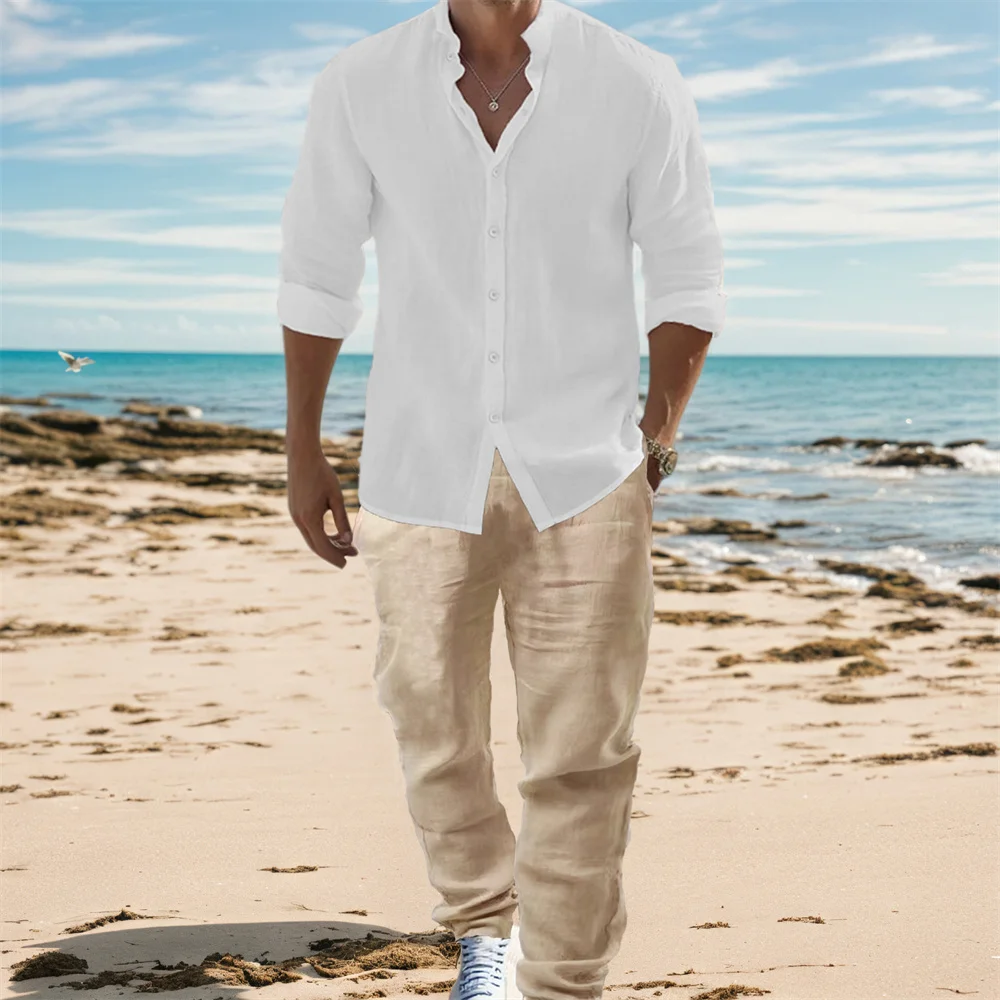 Mens Linen Shirt Long Sleeve - ผู้ชายผ้าฝ้ายลินินเสื้อแขนยาวชุดลําลองสไตล์พื้นฐานวันหยุดสีทึบน้ําหนักเบา Breathable ชายสไตล์ชุด