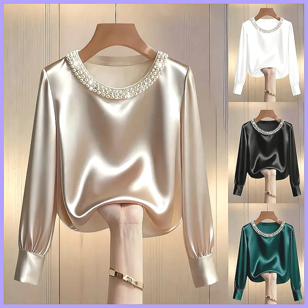 Shirts - เสื้อซาตินประดับลูกปัดสุดหรูสำหรับผู้หญิง เสื้อเชิ้ตผ้าไหมแขนยาวทรงหลวม