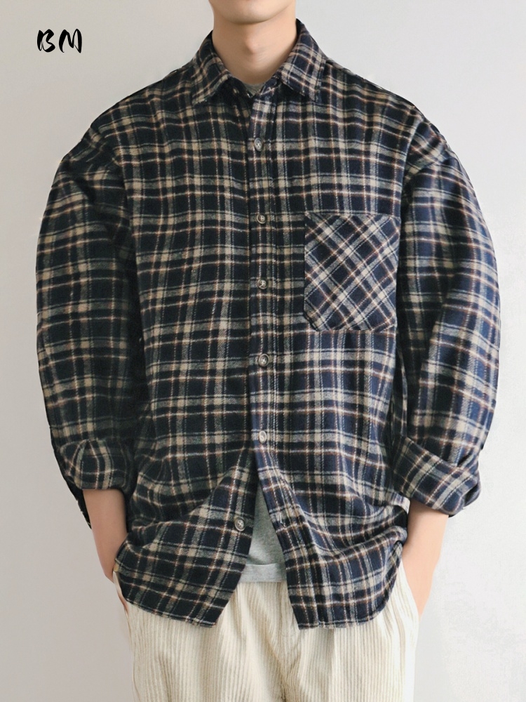 Flannel Plaid Shirt Heavy Weight - ‌ ญี่ปุ่นวินเทจเฮฟวี่เวทเสื้อเชิ้ตผ้าสักหลาดผู้ชายลายสก๊อตแขนยาวหลวมๆลำลองขนาดใหญ่แฟชั่นแจ๊กเก็ตฤดูใบไม้ร่วงฤดูใบไม้ผลิ