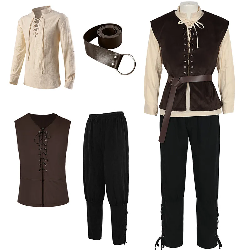 Medieval Gothic Lace Up Pirate Shirt - เสื้อสไตล์ยุคกลาง โกธิค สเตนพังก์ วิคตอเรียน คอสเพลย์โจรสลัด ชุดคอสเพลย์ผู้ชาย