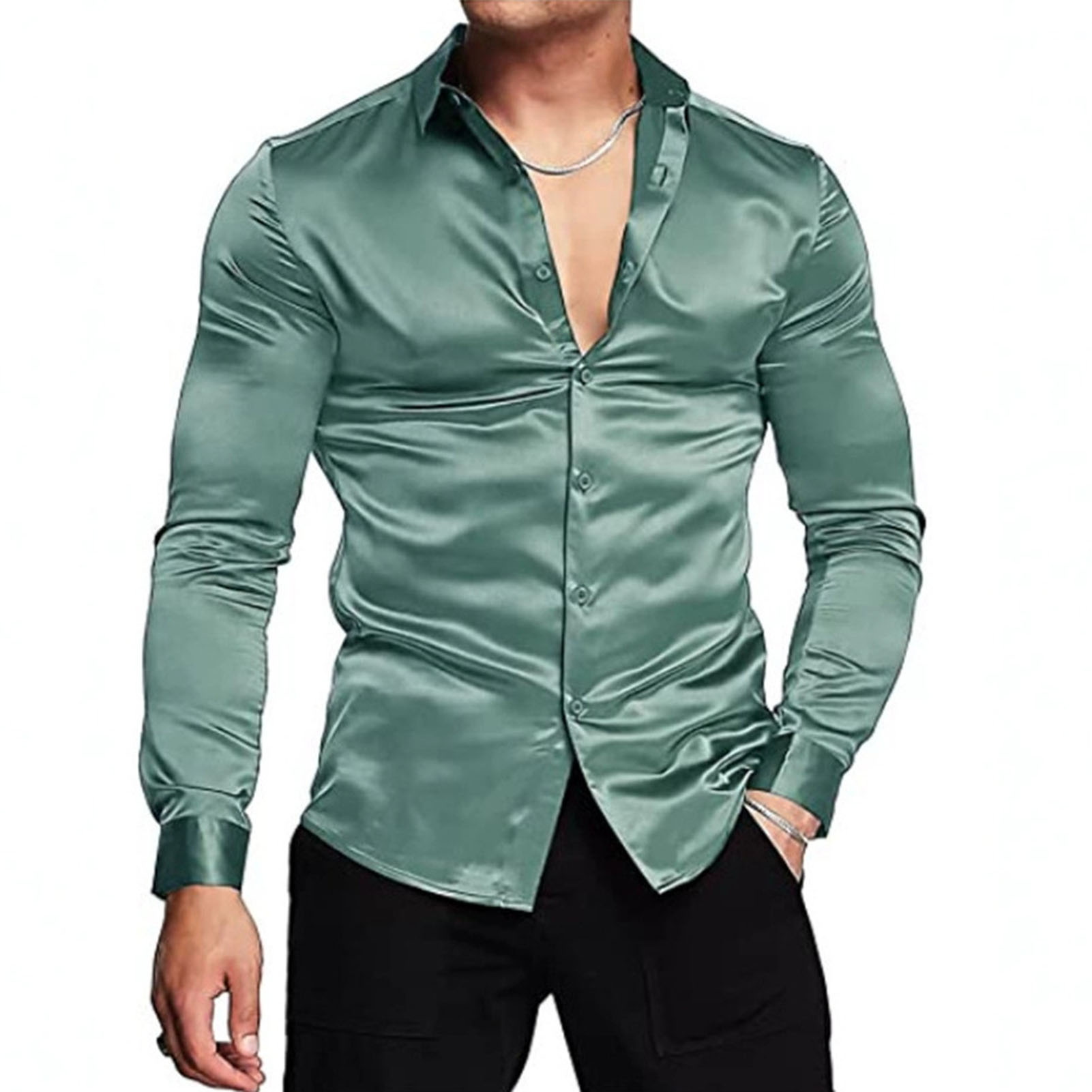 Mens Satin Silk Dress Shirt - เสื้อเชิ้ตผ้าไหมซาตินสำหรับฤดูใบไม้ผลิและฤดูใบไม้ร่วง เสื้อเชิ้ตหรูหราสำหรับผู้ชาย ทรงเข้ารูป แขนยาว ปกเสื้อแบบทักซิโด้ เสื้อเชิ้ตสำหรับงานแต่งงาน