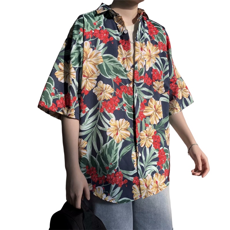 Vintage Hawaiian Floral Shirt - เสื้อฤดูร้อนแขนสั้นแนวฮาวายย้อนยุคลำลองสำหรับผู้ชาย, เสื้อ Sablon Bunga แนวสตรีทแวร์แนวสตรีทชายหาดโอเวอร์ไซส์สไตล์วินเทจของผู้ชาย