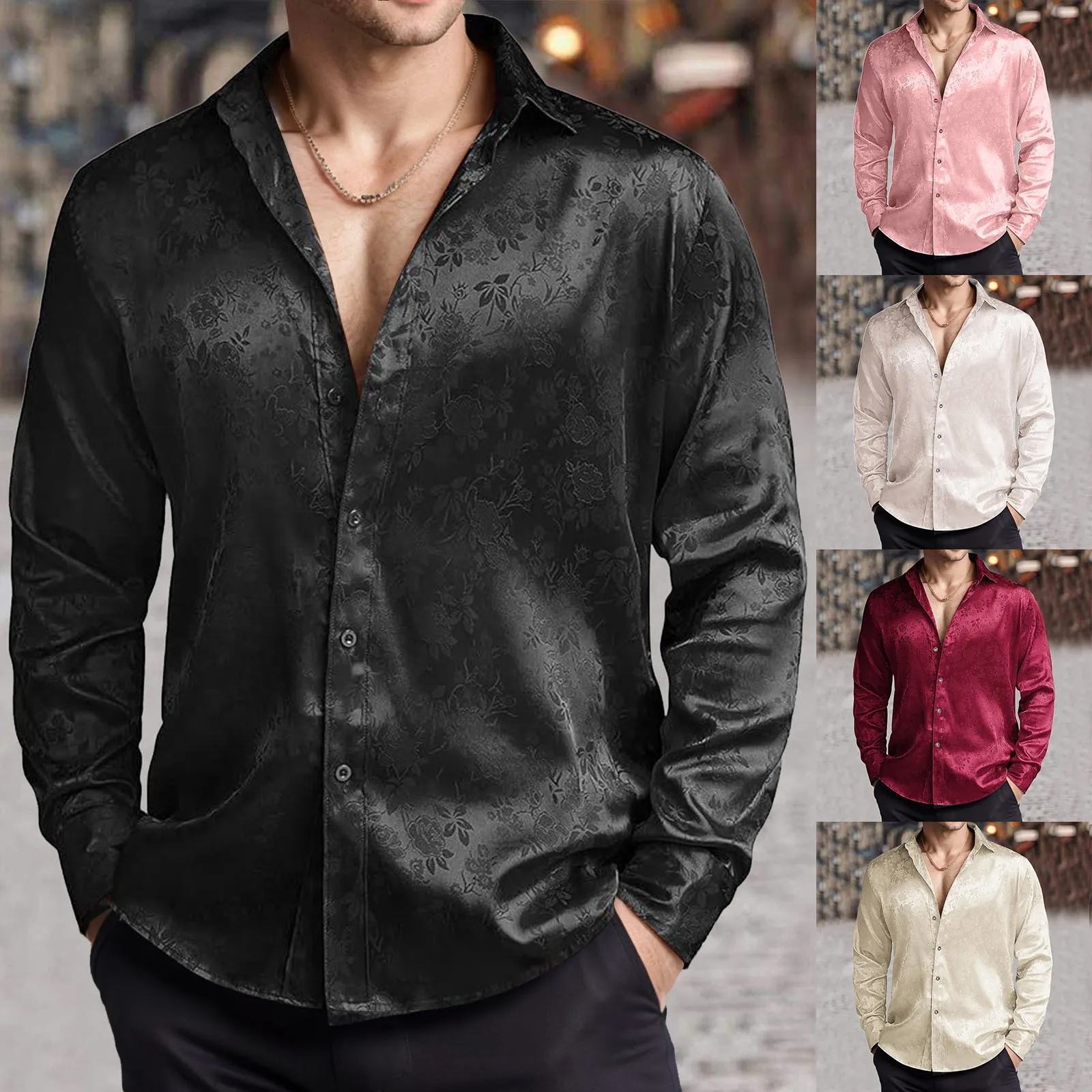 Mens Satin Silk Dress Shirt - บุรุษเลียนแบบผ้าไหมซาตินเสื้อ Jacquard แขนยาวดอกไม้ปุ่มเสื้องานแต่งงานผ้าฝ้ายลินินหลวมเสื้อ