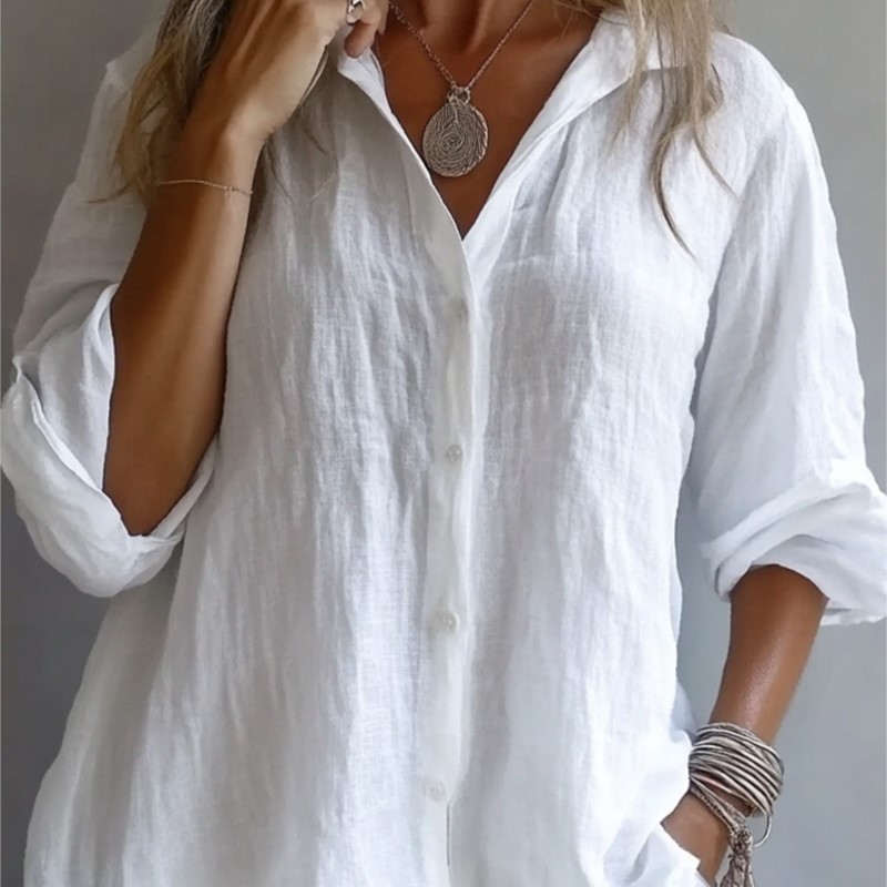 Mens Linen Shirt Long Sleeve - เสื้อเชิ้ตผ้าลินินสีพื้น คอวี แขนยาว ติดกระดุมแถวเดียว สไตล์เซ็กซี่ สำหรับผู้หญิง