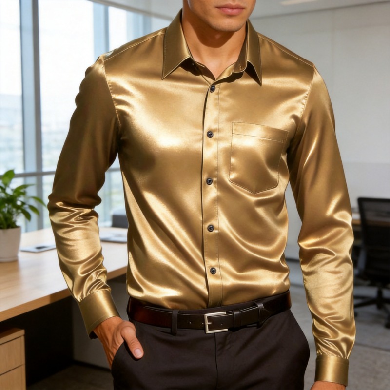 Mens Satin Silk Dress Shirt - เสื้อเชิ้ตผู้ชายผ้าซาตินเนื้อไอซ์ซิลค์ ทรงเข้ารูป แขนยาว สไตล์ลำลองสำหรับธุรกิจ