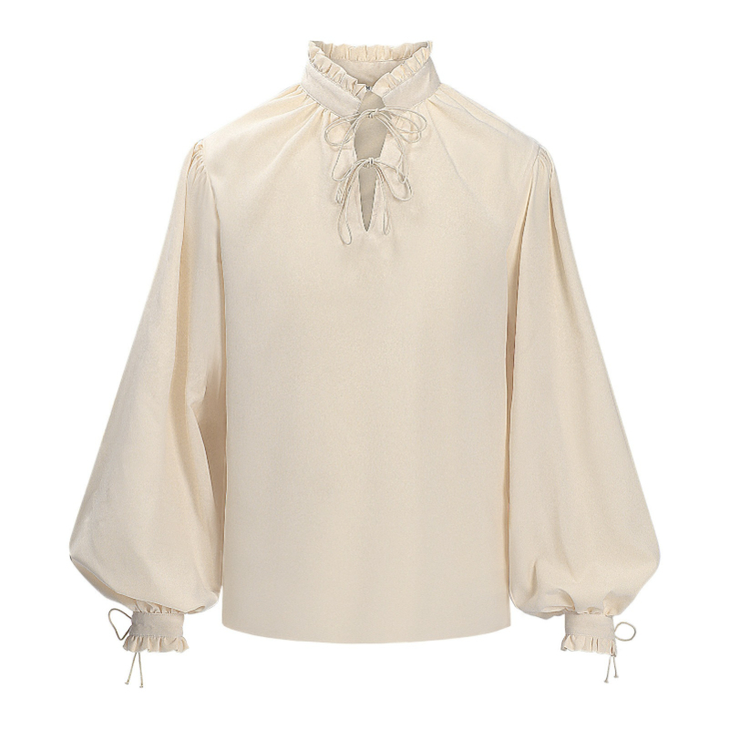 Medieval Gothic Lace Up Pirate Shirt - เสื้อโจรสลัดยุคกลางเรเนซองส์สำหรับผู้ชายและผู้หญิง สีเบจ คอตั้งแต่งระบาย ผูกเชือก ทรงโคมไฟ ชุดคอสเพลย์ยูนิเซ็กส์
