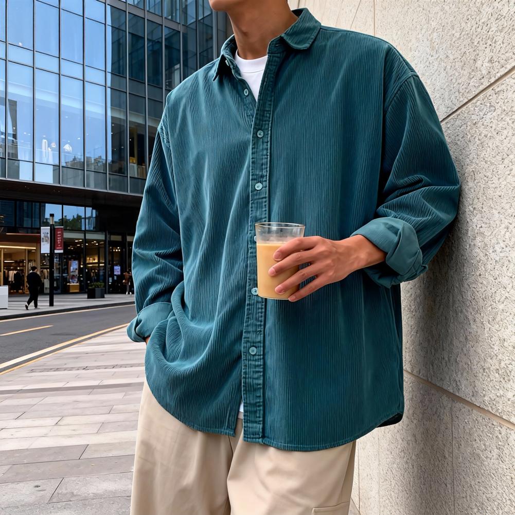 Corduroy Button Up Shirt Men - เสื้อเชิ้ตคอร์ดดูรอยผู้ชายทรงหลวม แขนยาว ติดกระดุม ปกแหลม สีพื้น สไตล์ลำลอง