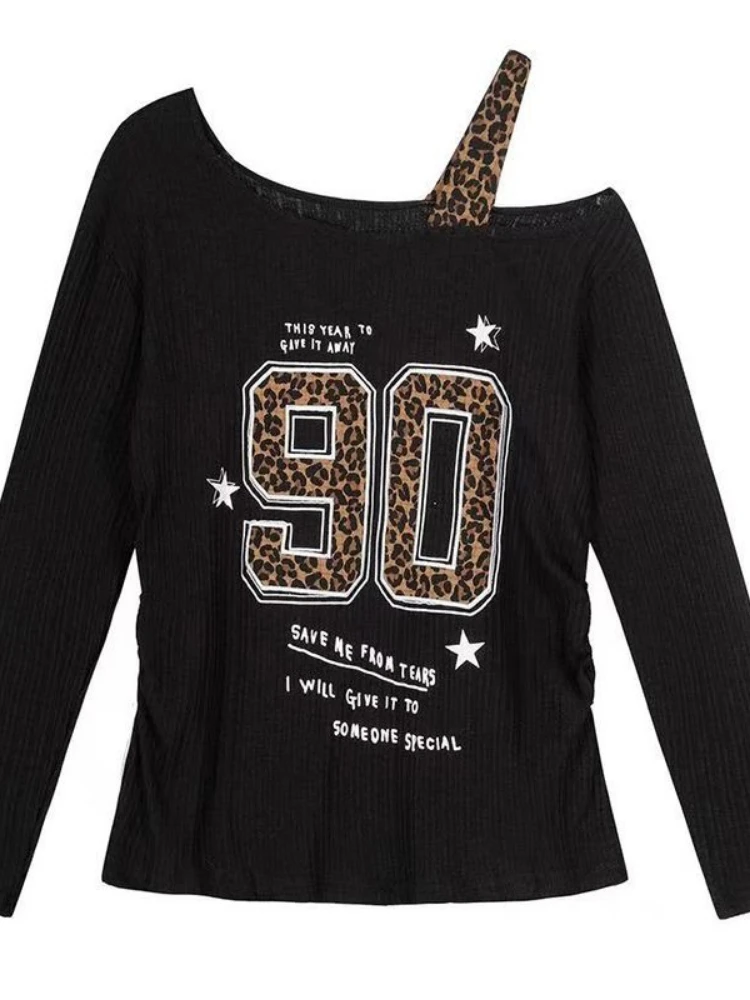 T-Shirts - เสื้อยืดลายเสือดาวสไตล์ Y2K แบบแพทช์เวิร์คสำหรับผู้หญิง ทรงหลวม สตรีทแวร์ สไตล์กรันจ์