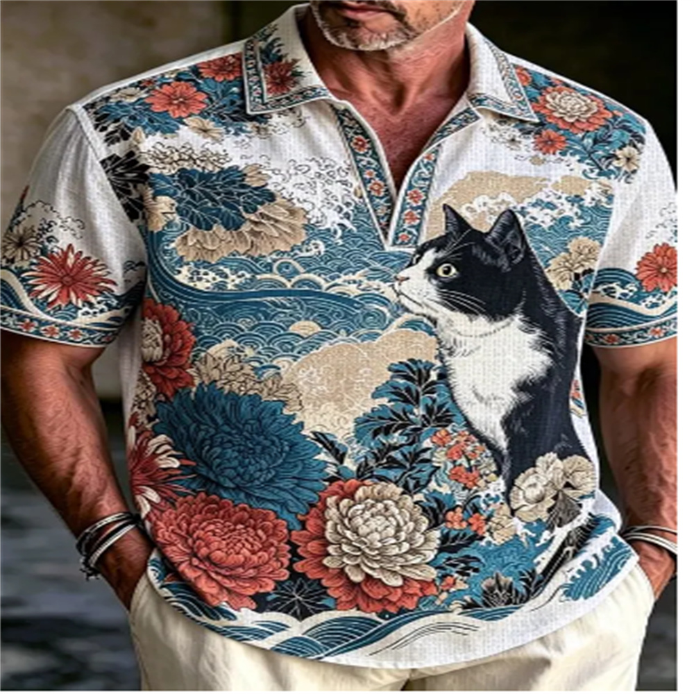 Vintage Hawaiian Floral Shirt - เสื้อโปโลแขนสั้นผู้ชายลายวินเทจยูกิโยะเอะ ลายแมว ดอกไม้ และคลื่น คอปก ซิปครึ่งตัว