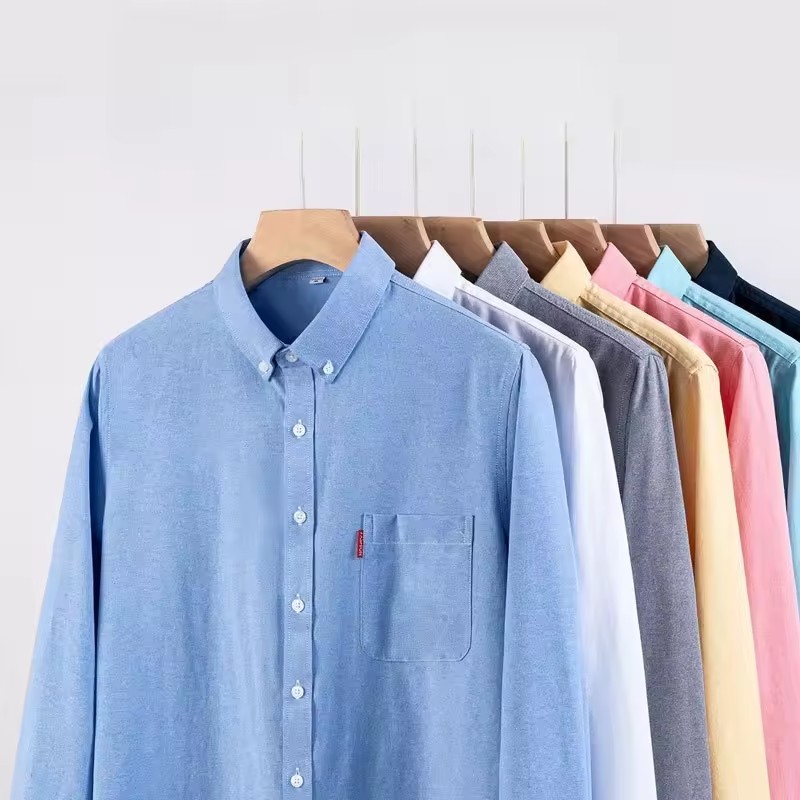 Oxford Cotton Casual Shirt Business - เสื้อเชิ้ตผู้ชายผ้าฝ้ายแท้ 100% สีพื้น แขนยาว สไตล์ลำลองสำหรับวัยรุ่น เสื้อเชิ้ตออกงานทรงปกติ