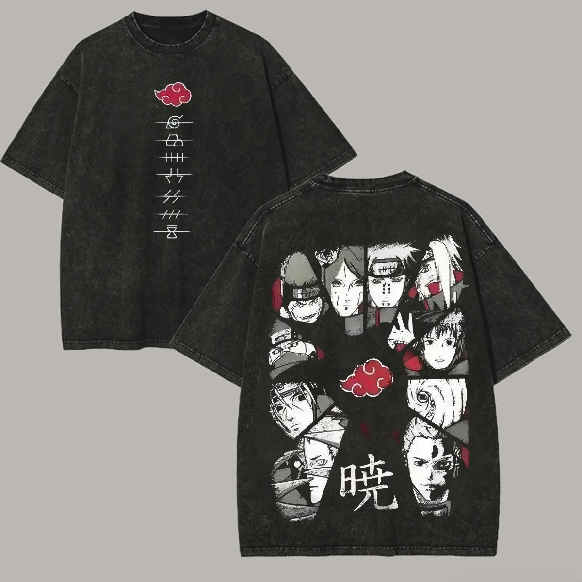 Acid Wash Vintage Graphic T Shirt - เสื้อยืด Akatsuki Naruto สำหรับผู้ชาย ลายพิมพ์ด้านหลังสไตล์ Acid