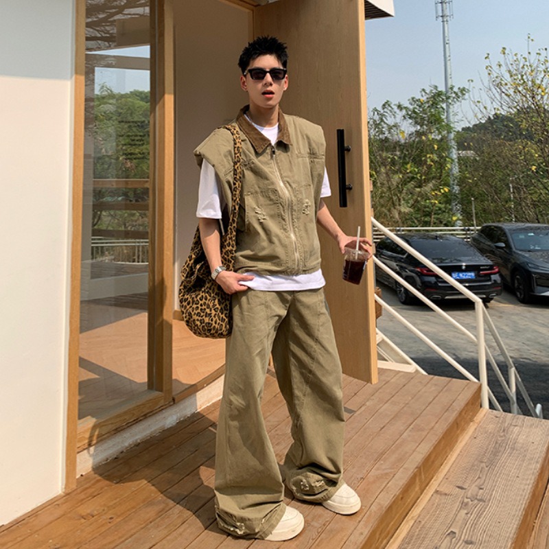 Jackets - แบรนด์แฟชั่นอเมริกัน เสื้อแจ็คเก็ตยีนส์สไตล์เรโทรสำหรับผู้ชาย ชุดเสื้อกั๊กทรงหลวมพร้อมกางเกงขายาว ดีไซน์ใหม่สำหรับฤดูร้อน ทันสมัยและลำลอง