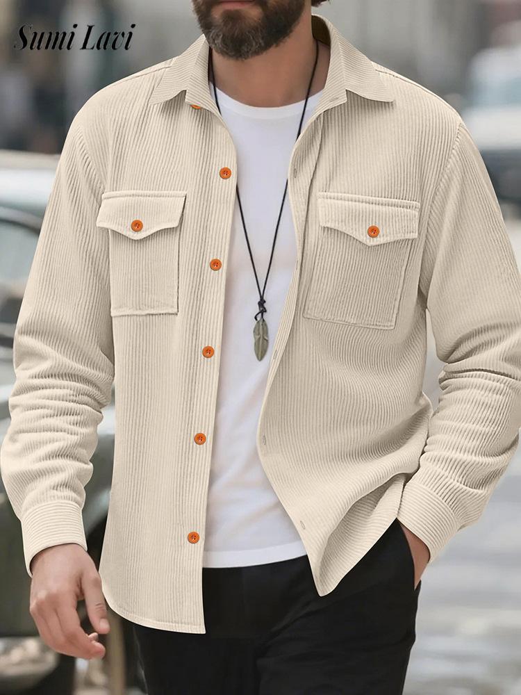 Corduroy Button Up Shirt Men - เสื้อแจ็คเก็ตเชิ้ตคอร์ดดูรอยลำลองสำหรับผู้ชาย สไตล์วินเทจ ติดกระดุม ปกคอปก แขนยาว กระเป๋าข้าง