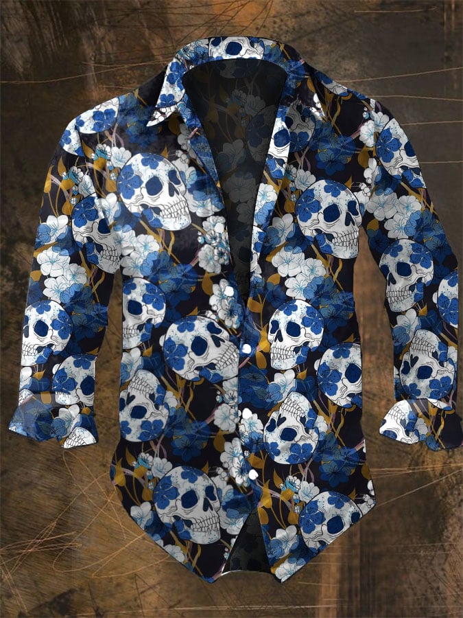 Vintage Hawaiian Floral Shirt - เสื้อแขนยาวลำลองพิมพ์ลายกะโหลกสีเข้มสำหรับผู้ชายฮาโลวีน-วินเทจกระโหลก Sablon Bunga พอดีปกคอเสื้อโพลีเอสเตอร์ผสม
