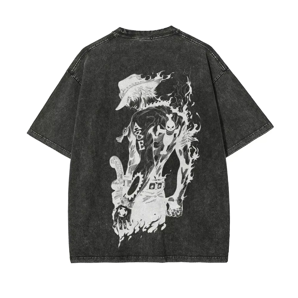 Acid Wash Vintage Graphic T Shirt - เสื้อยืด Ace T-Shirt ผู้ชาย ลายวันพีซ ลายกราฟิก