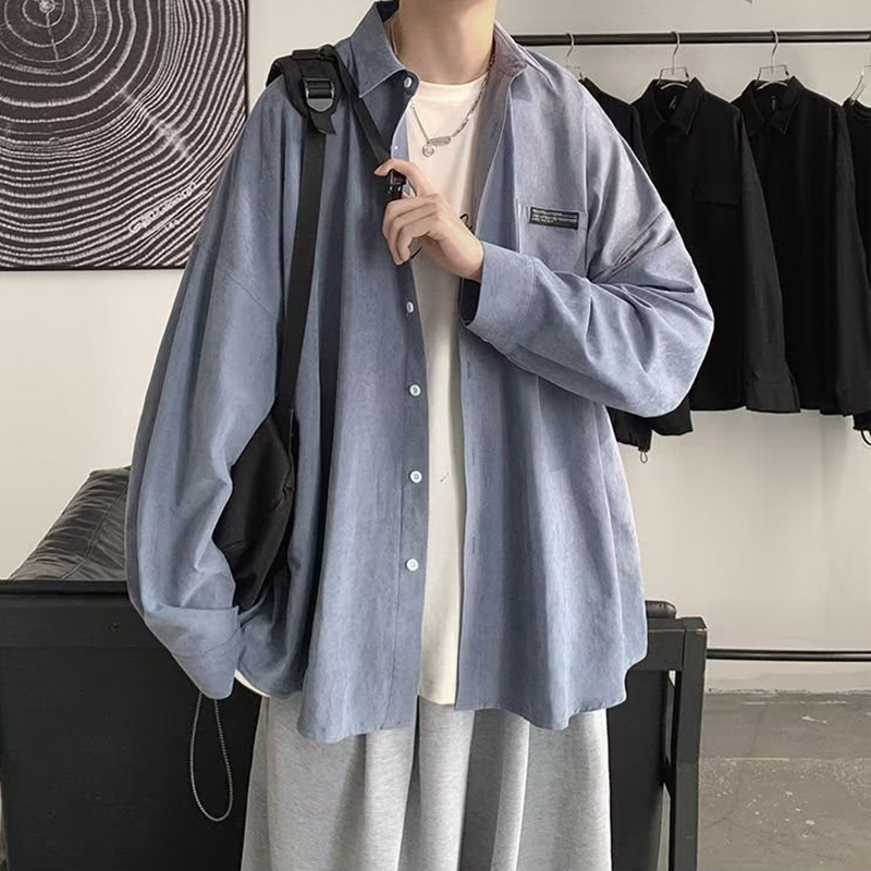 Corduroy Button Up Shirt Men - เกาหลีแฟชั่นเสื้อแขนยาวสีดํา 2023 ฤดูใบไม้ผลิMens Harajukuสีดําขนาดใหญ่เสื้อปุ่มเสื้อUnisex Y2K