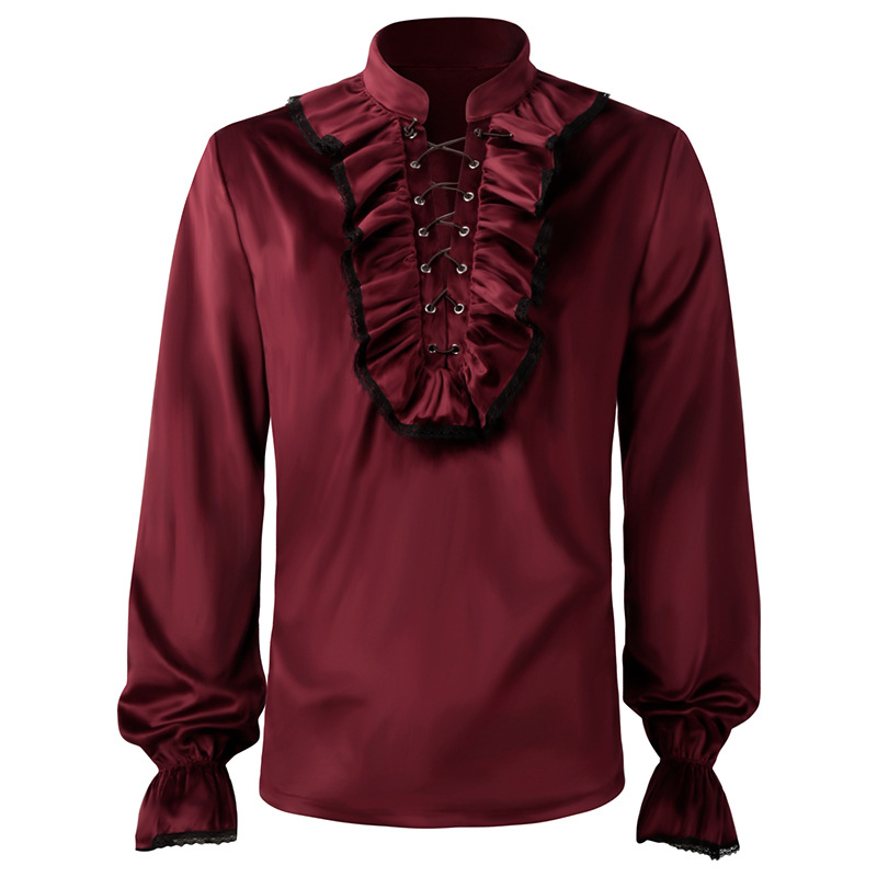 Medieval Gothic Lace Up Pirate Shirt - Red Lace Up Ruffles แขนโคมไฟผู้ชายคอสเพลย์โจรสลัดยุคกลาง Renaissance