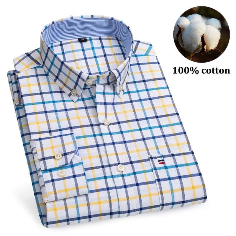 Oxford Cotton Casual Shirt Business - เสื้อเชิ้ตผู้ชายผ้าฝ้าย 100% แขนยาว ลายทาง ลายสก็อต แบบอ็อกซ์ฟอร์ด