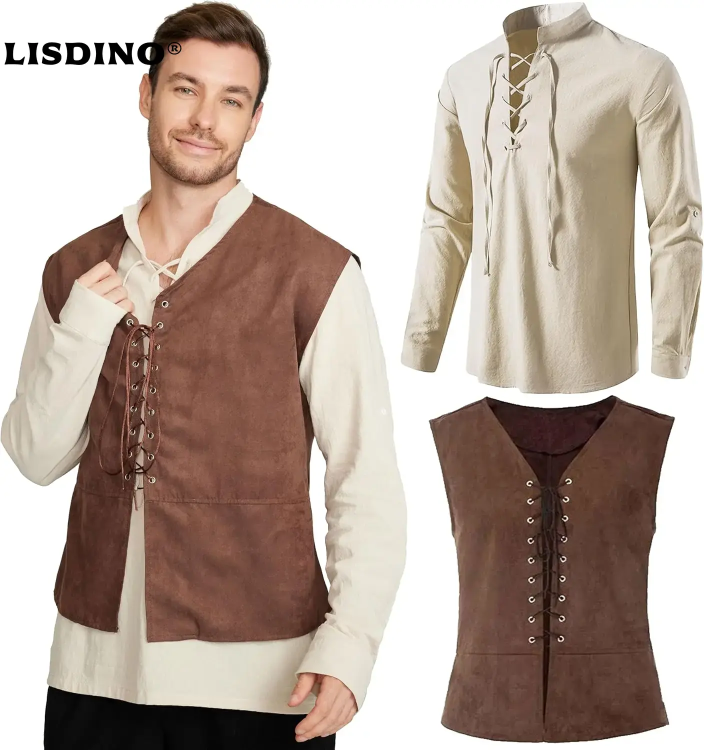 Medieval Gothic Lace Up Pirate Shirt - ชุด 2 ชิ้น เสื้อกั๊กโจรสลัดยุคกลางสำหรับผู้ชาย เสื้อแขนยาว ชุดยุคกลางเรอเนซองส์