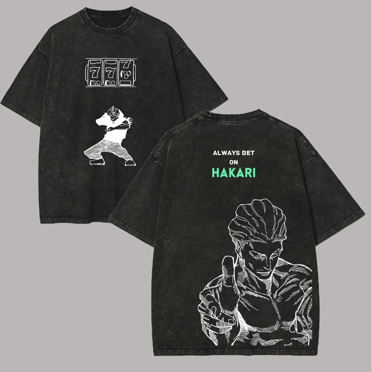 Acid Wash Vintage Graphic T Shirt - เสื้อยืด Jujutsu Kaisen Hakari ลายกราฟิกผู้ชายสไตล์วินเทจ ย้อมสีแบบ