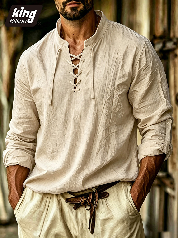 Medieval Gothic Lace Up Pirate Shirt - เสื้อยืดคอวีผู้ชาย สไตล์โจรสลัด ยุคกลาง ไวกิ้ง กอธิค ผ้าฝ้ายลินิน