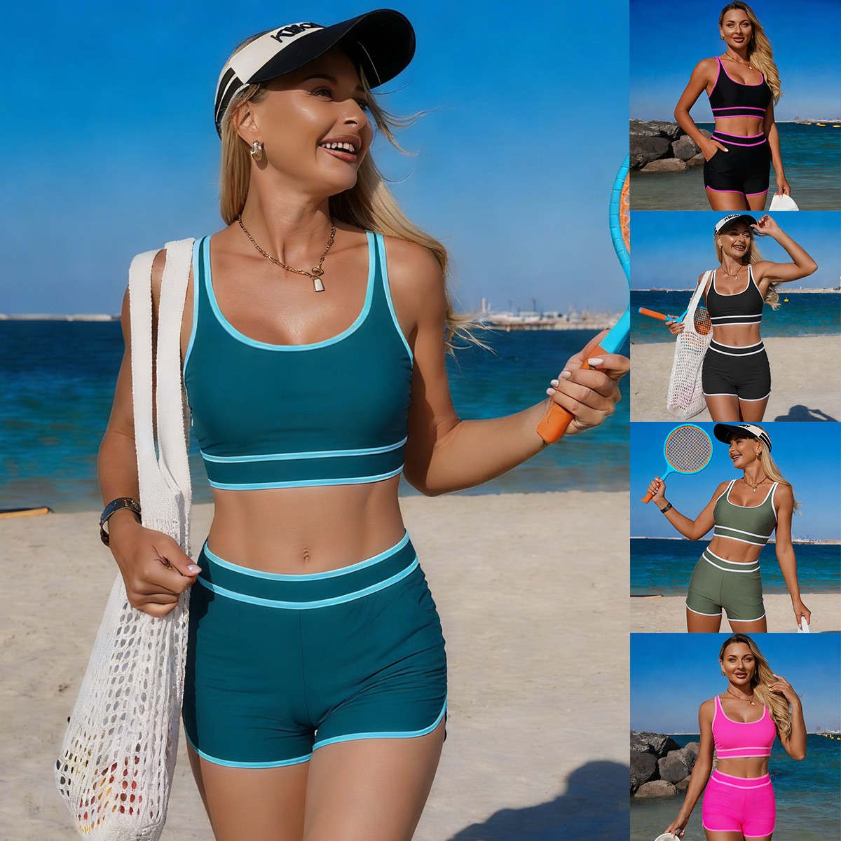 Shorts - บิกินี่สีเขียวมะกอก เสื้อครอปแขนกุด กางเกงขาสั้นเอวสูง บิกินี่สีเขียวอมฟ้า ชุดว่ายน้ำทูพีซสีดำแบบครอปสั้น ชุดว่ายน้ำสีชมพู