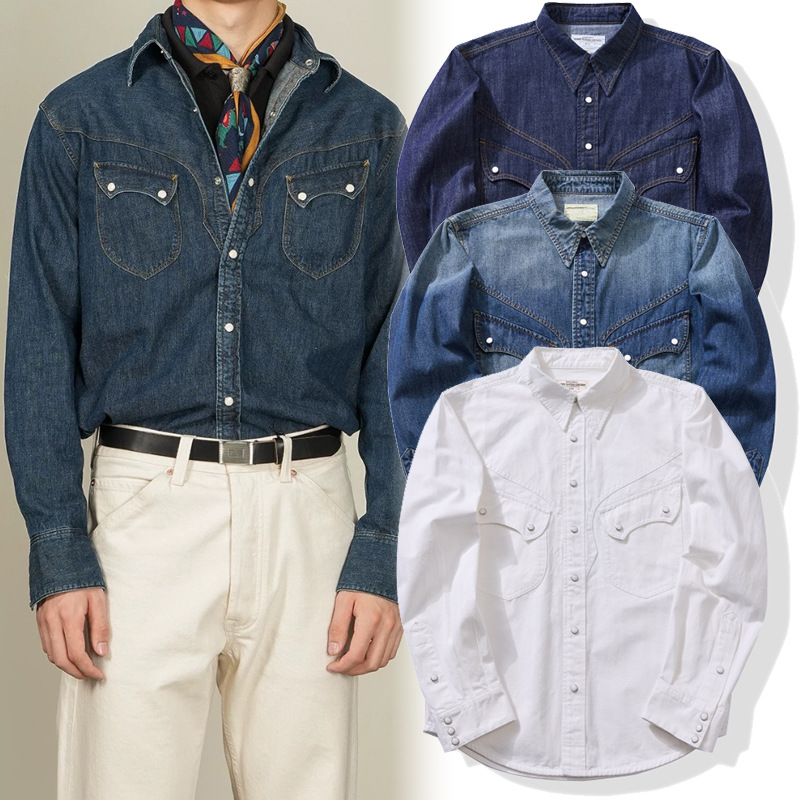 Mens Western Denim Pearl Snap Shirt - เสื้อเชิ้ตสไตล์วินเทจอเมริกันแบบกระดุมแป๊กมุก - ผ้าเดนิมยีนส์ฟอกนุ่ม 100% ผ้าฝ้ายชามเบย์ เสื้อเชิ้ตทำงานพร้อมรายละเอียดเนื้อผ้า
