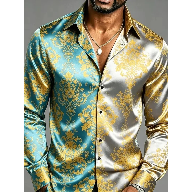 Mens Satin Silk Dress Shirt - เสื้อเชิ้ตผู้ชายแขนยาวผ้าซาตินลายดอกไม้สไตล์บาโรก ทรงเข้ารูป เหมาะสำหรับงานปาร์ตี้ ไนท์คลับ ลำลอง และทางการ