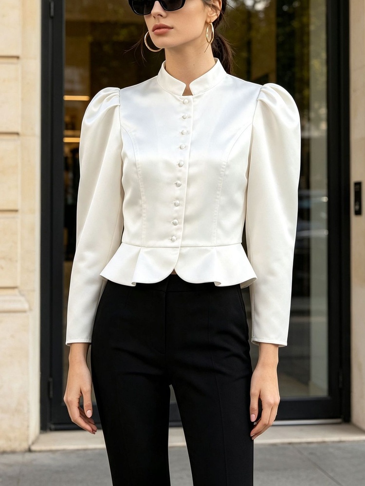Mandarin Collar Formal Shirt Slim Fit - เสื้อเบลาส์ทรงเปปลัม แขนยาว ไหล่พอง คอจีน ติดกระดุมด้านหน้า สไตล์ทางการ