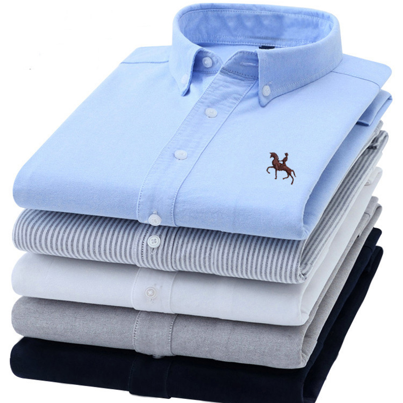 Oxford Cotton Casual Shirt Business - S-6XL Oxford เสื้อสําหรับชายแขนยาวผ้าฝ้ายลาย Leisure ปักม้า Streetwear