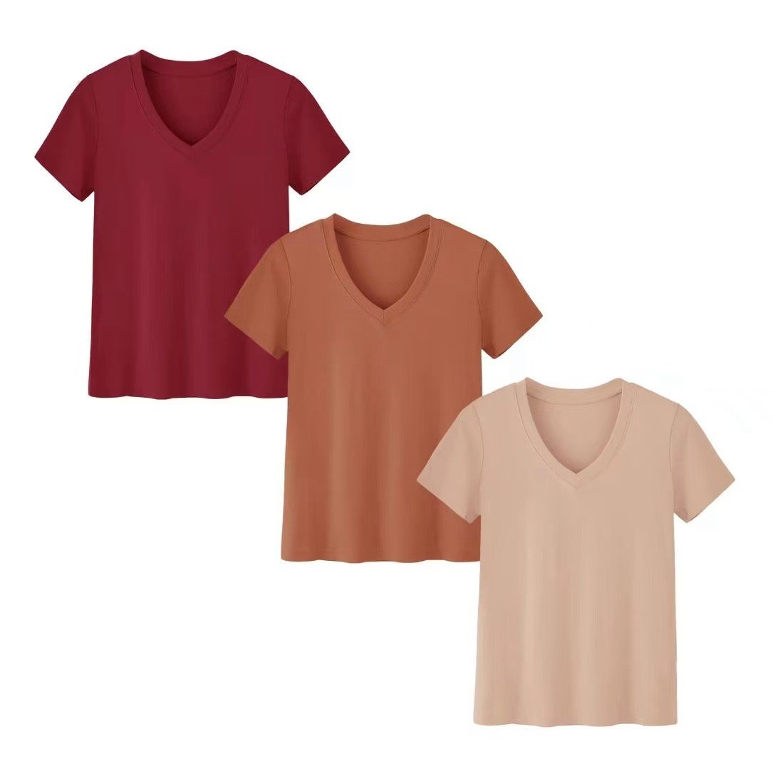 T-Shirts - เสื้อยืดแขนสั้นคอสูงลำลองสำหรับผู้หญิง ชุดเสื้อยืดสีพื้น คอสีตัดต่อ ชุดออกกำลังกายแบบสวมใส่สบาย