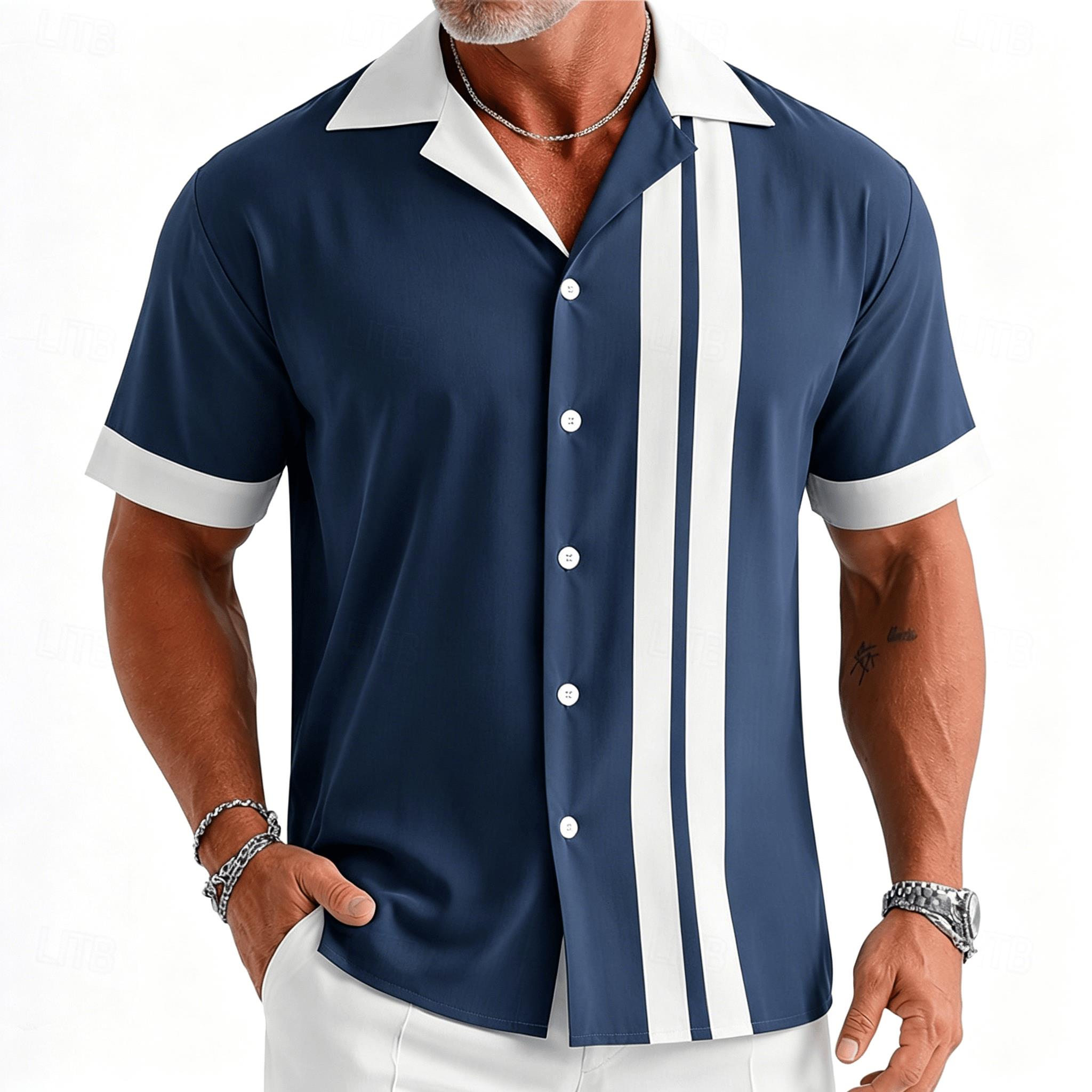 Short Sleeve Bowling Shirt Retro - เสื้อเชิ้ตแขนสั้นลายทางสีน้ำเงินกรมท่าและสีขาวสไตล์วินเทจสำหรับผู้ชาย สไตล์เรโทรจากยุค 1950