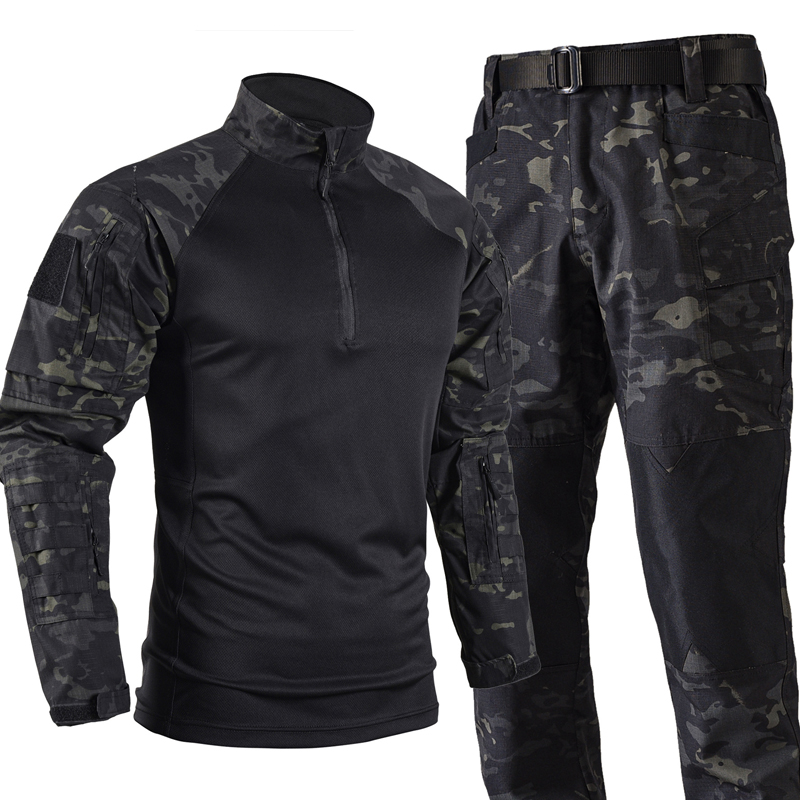 Tactical Military Shirt Cargo - ชุดยุทธวิธีสำหรับผู้ชาย ชุดยุทธวิธีฤดูร้อน เสื้อระบายอากาศ + กางเกงคาร์โก้ลายพราง ชุดทหารลายพรางสำหรับผู้ชาย