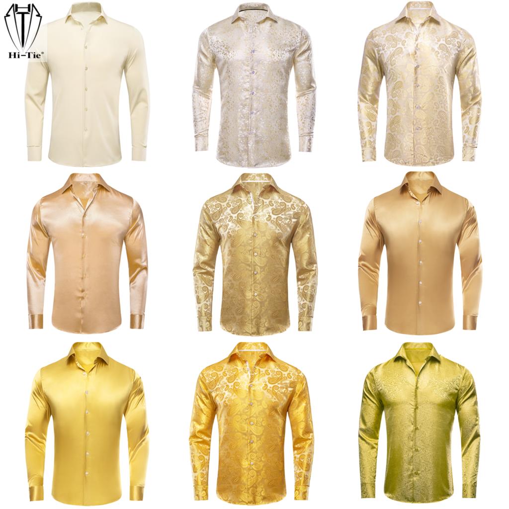 Mens Satin Silk Dress Shirt - เสื้อเชิ๊ตของผู้ชายผ้าเบจสีทองสีงาช้างเสื้อเชิ๊ตของชุดแขนยาวมีปกเสื้อแจ็คการ์ดสำหรับงานแต่งงานและงานพรอม