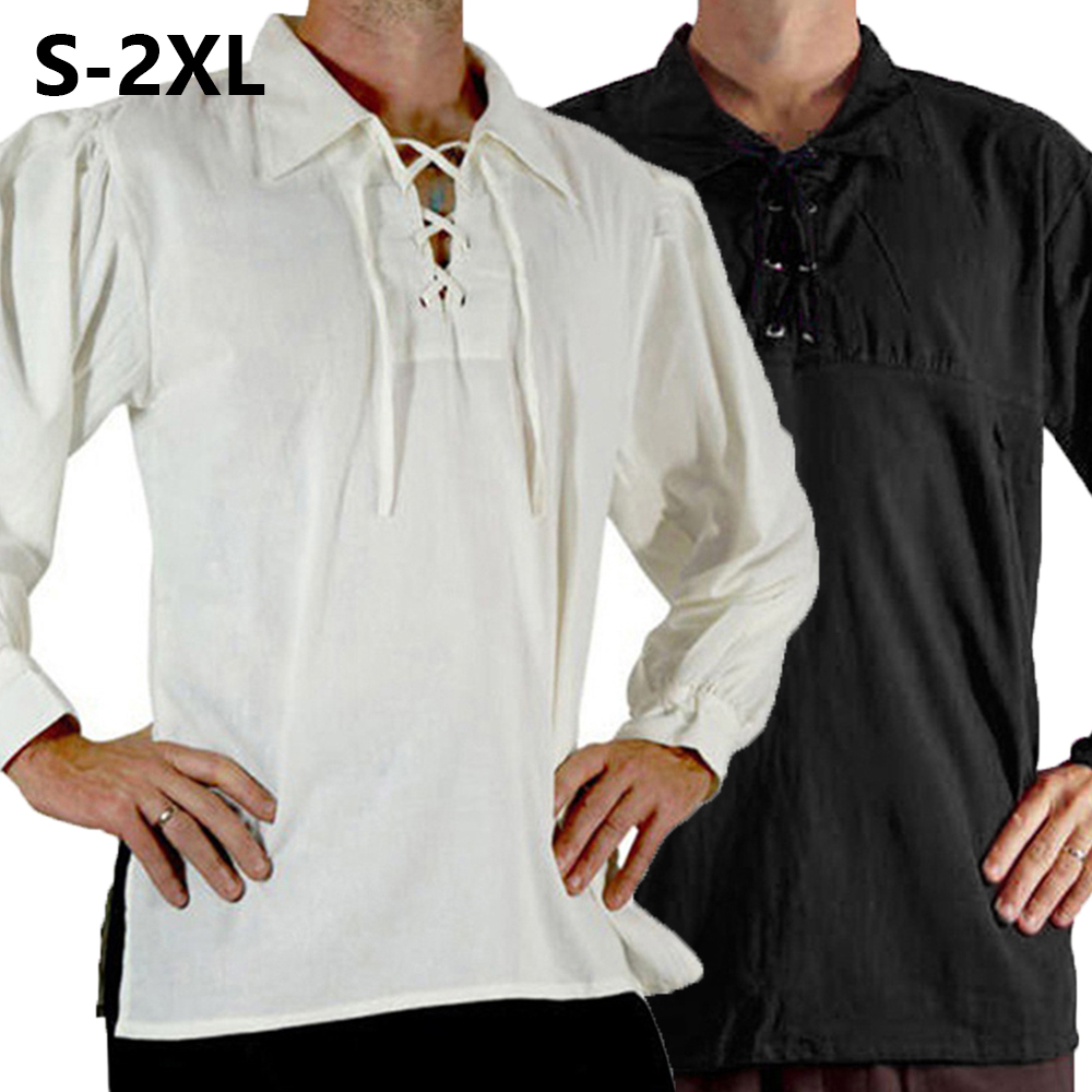 Medieval Gothic Lace Up Pirate Shirt - เสื้อผู้ชายสไตล์ยุคกลาง ยุคฟื้นฟูศิลปวิทยา เสื้อโจรสลัด เสื้อทูนิคเจ้าบ่าว เสื้อโกธิค เสื้อผู้ชายแบบผูกเชือก