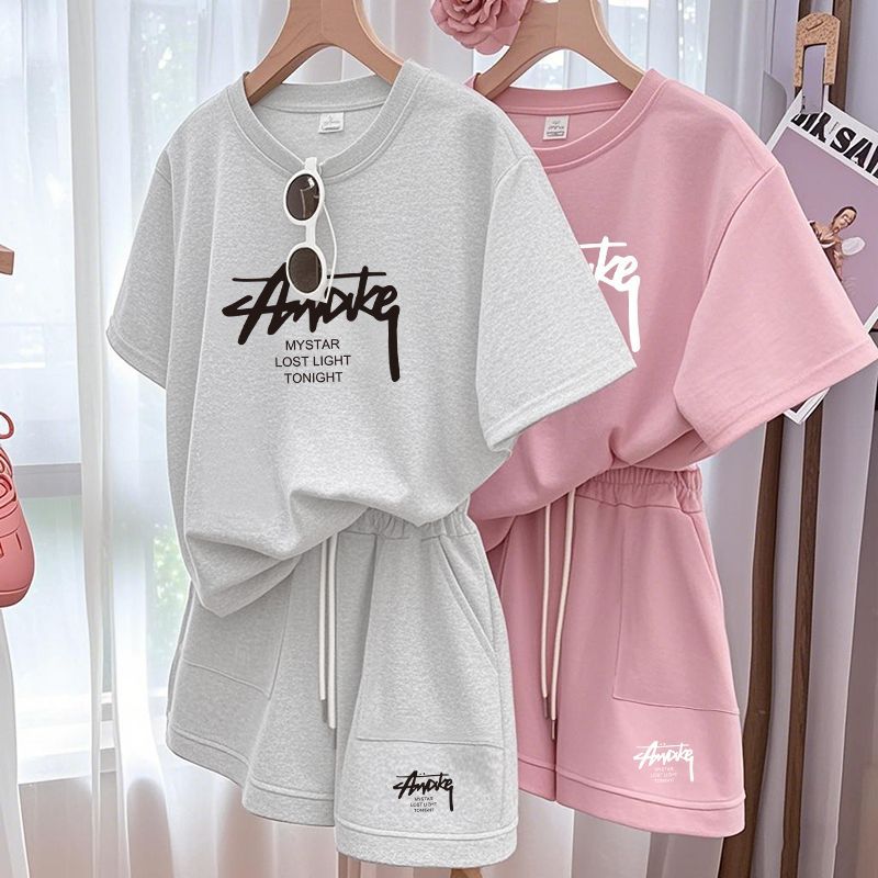 T-Shirts - ชุดเซ็ตพลัสไซส์สำหรับผู้หญิง ชุดสองชิ้นเสื้อแขนสั้นและกางเกงขาสั้น ชุดลำลองหลวมๆสำหรับเด็ก ชุดเสื้อยืดและกางเกงขาสั้นสำหรับผู้หญิง