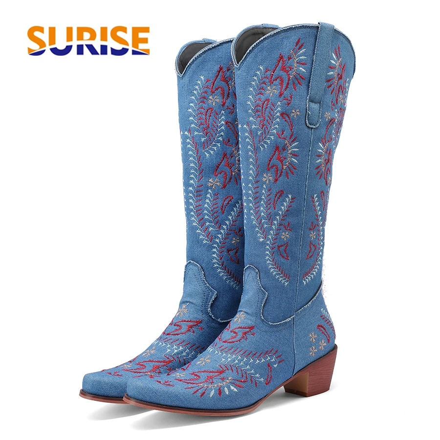 Jeans - Blue Denim Western Cowgirl เข่ารองเท้าบูทสูงผู้หญิงเย็บปักถักร้อยดอกไม้คาวบอยรองเท้าส้นสูงรอบ Toe