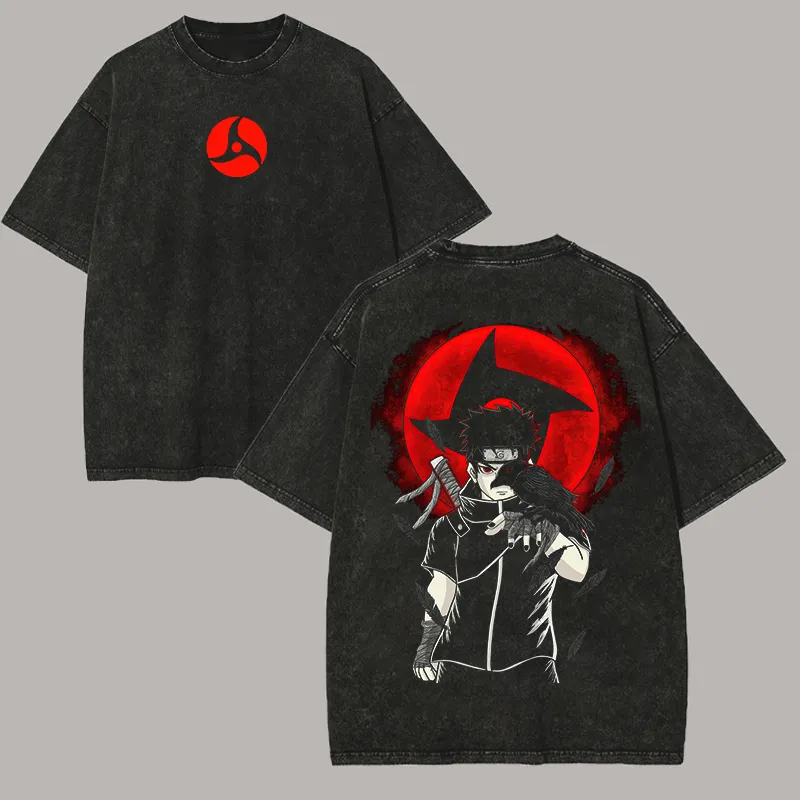Acid Wash Vintage Graphic T Shirt - เสื้อยืดนารูโตะ ชิซึอิ อุจิวะ ลายมังเกคิโอ ชาร์ริแกน วินเทจ