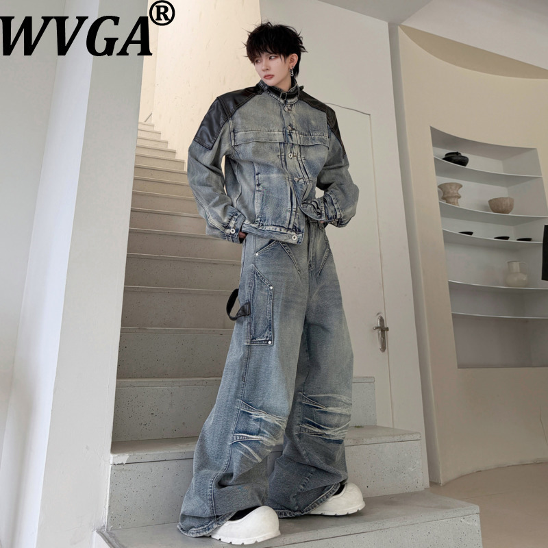 Jeans - WVGA ชุดเสื้อโค้ทสั้นคอตั้งหนังแท้สไตล์อเมริกันสำหรับผู้ชาย รุ่นใหม่ฤดูใบไม้ผลิ-ฤดูใบไม้ร่วง พร้อมกางเกงยีนส์ขากว้าง รุ่น W27332