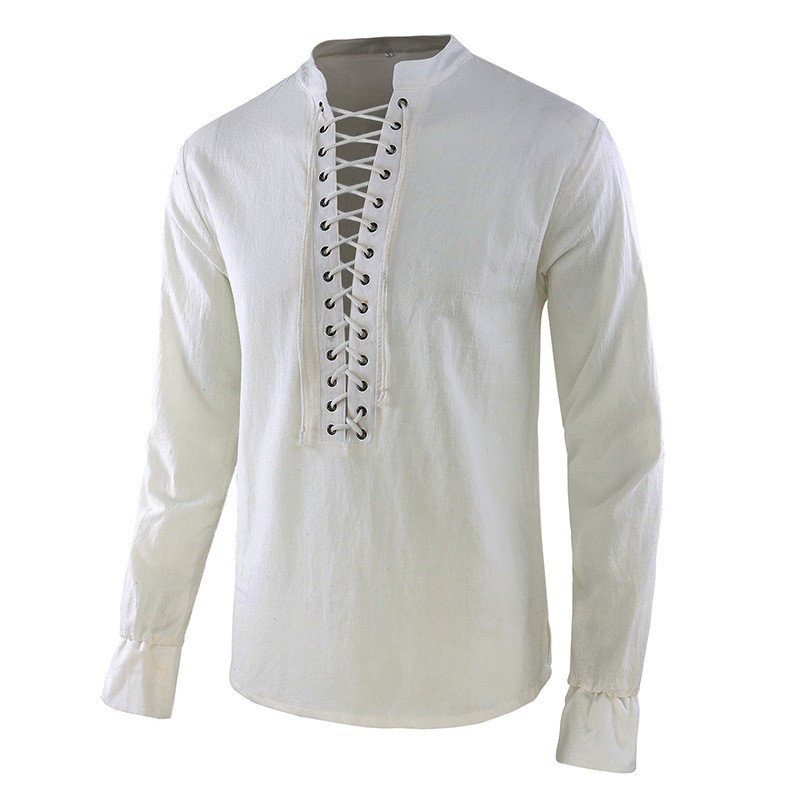 Mens Linen Shirt Long Sleeve - เสื้อเชิ้ตเรเนซองส์ผู้ชาย แนวโจรสลัด ยุคกลาง ไวกิ้ง ผ้าลินิน แขนยาว